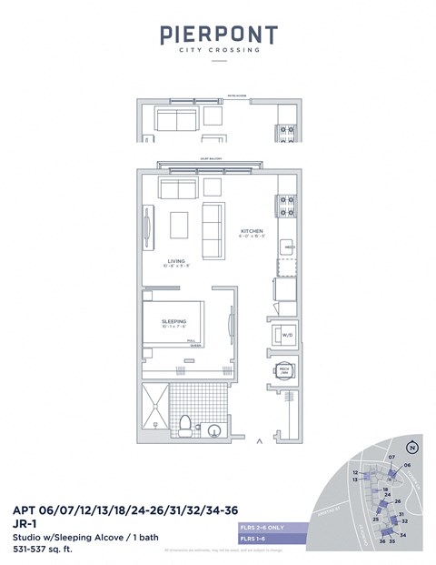 Floor plan for studio, 1 bath, 537 sqft